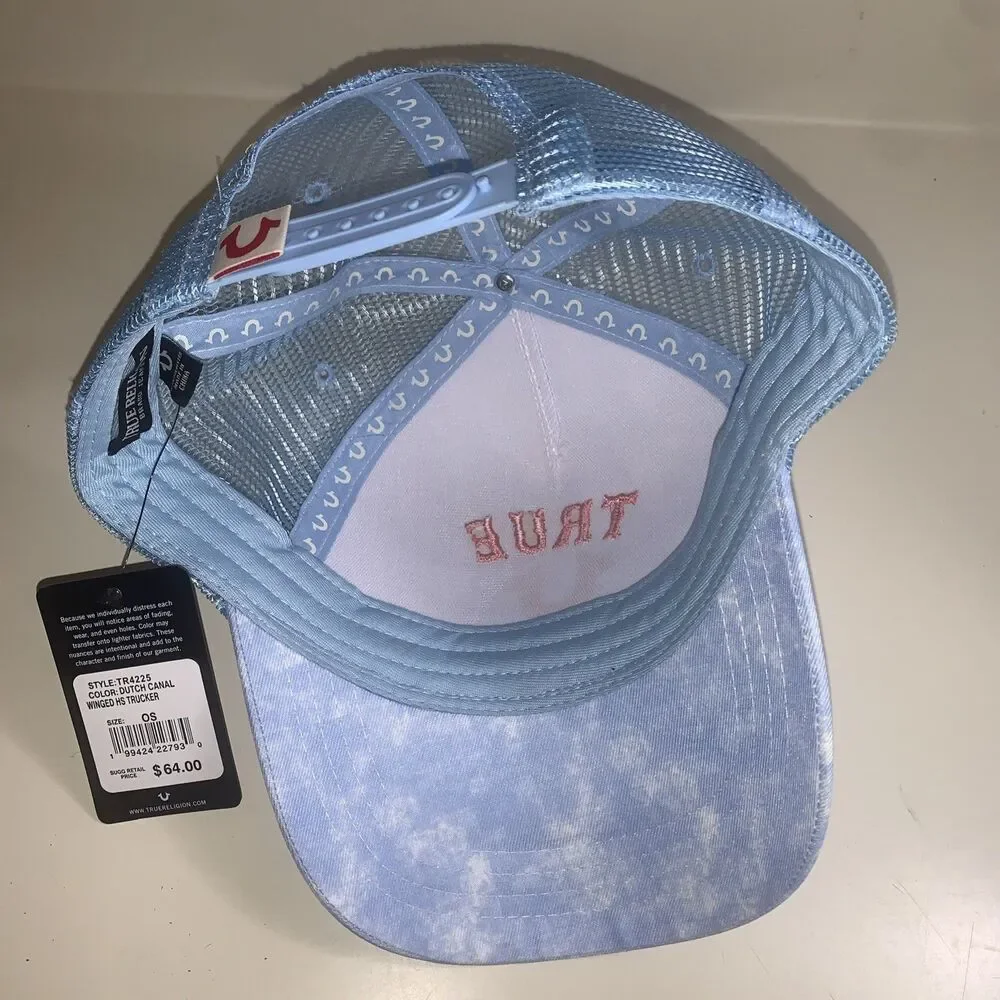 True Religion Blue Trucker Hat OS Logo Cap Adjustable Mesh Back